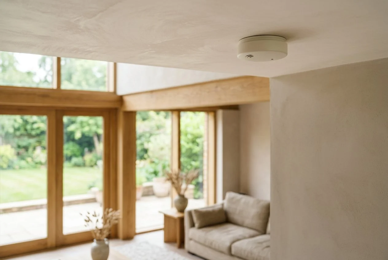 A smoke detector in an airy, renovated home interior