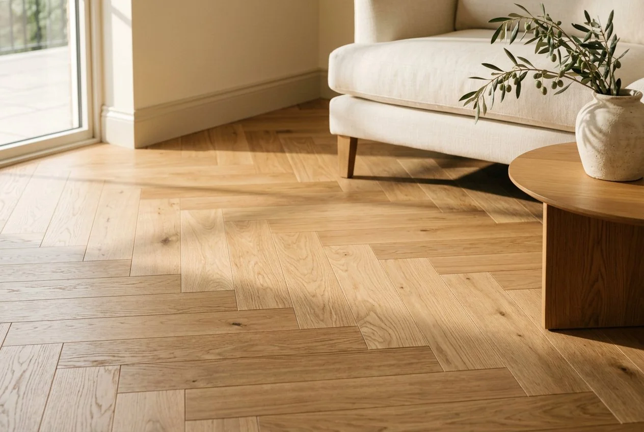 Natural oak herringbone flooring in a softly sunlit living room