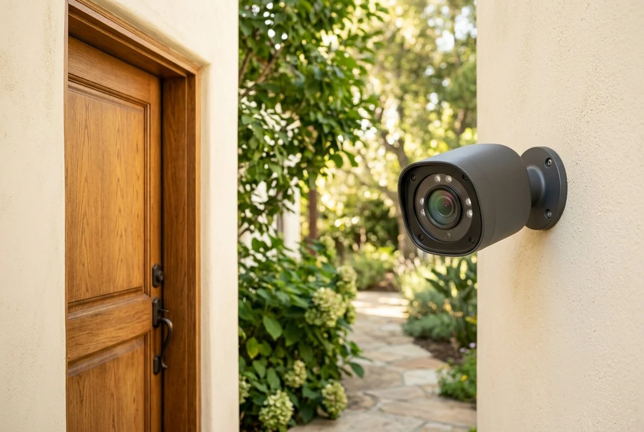 A discreet security camera beside a warm oak front door