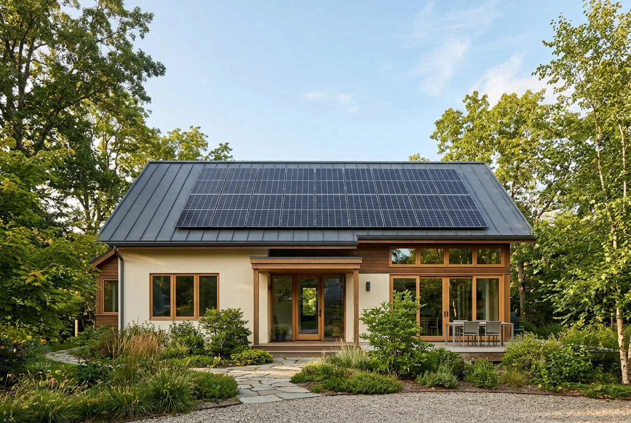 Sleek solar panels installed on the roof of a garden-facing home