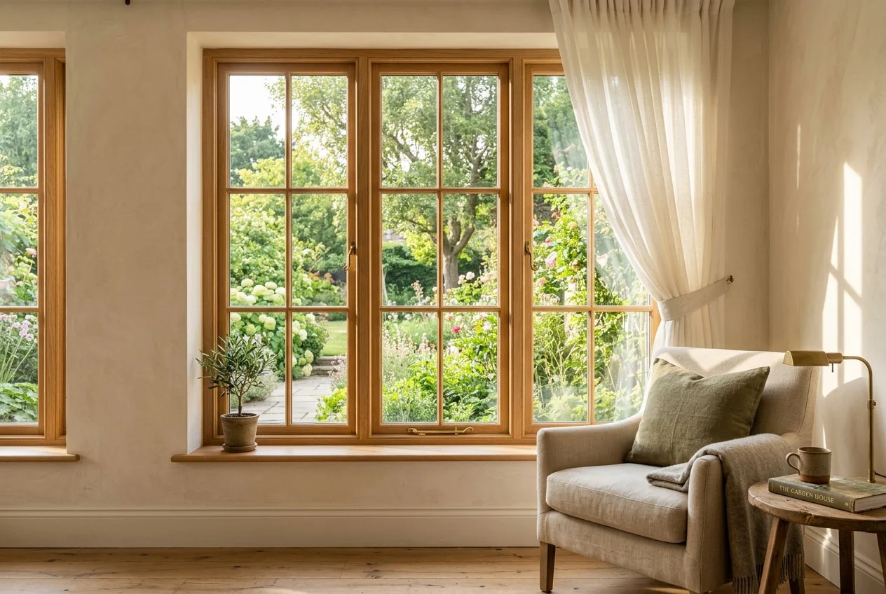 Warm oak-framed windows with sheer curtains and views of a green garden